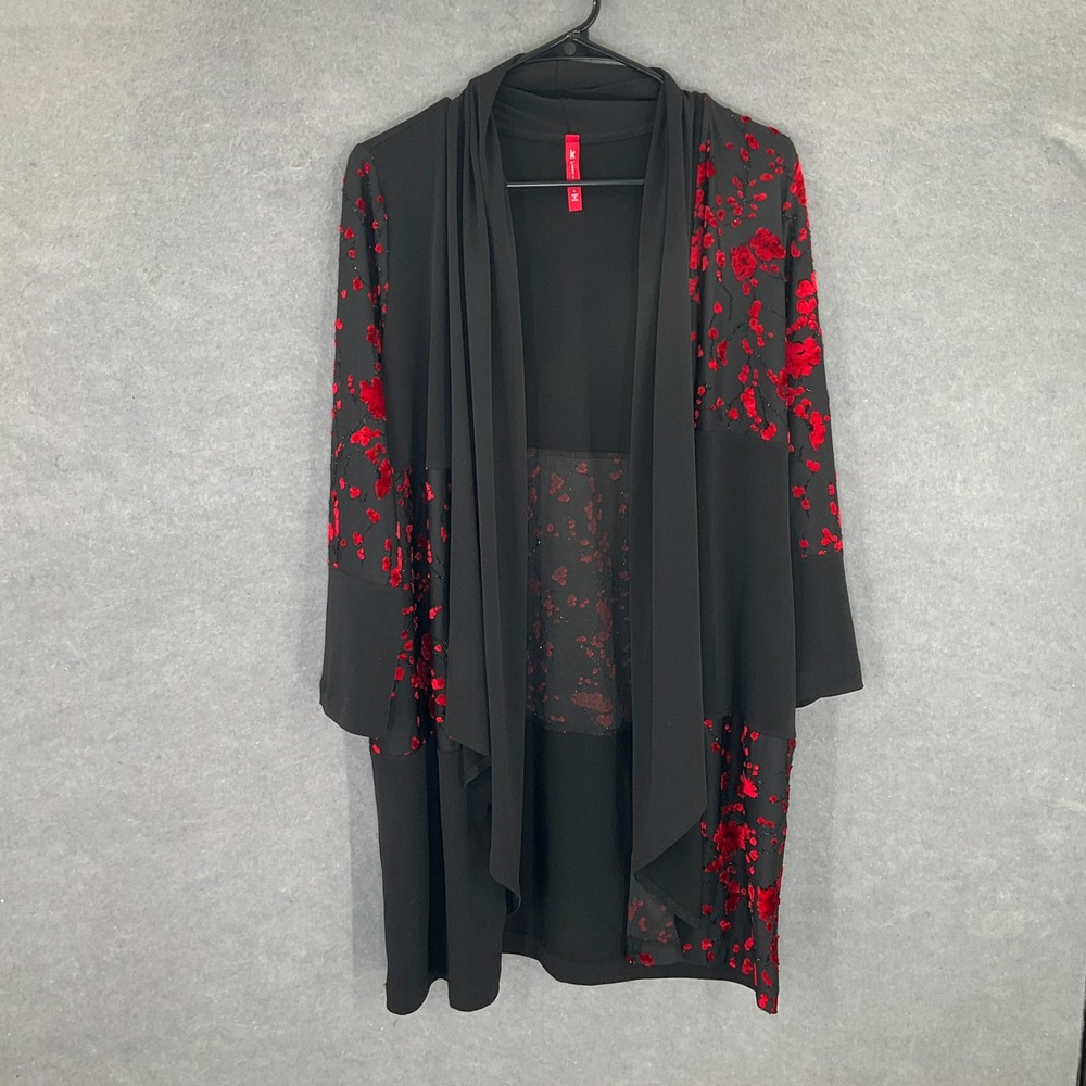 IC by Connie K Draped Cardigan Sz L Black Red Floral Velvet Burnout Whimsigoth
